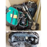 A box of assorted cameras and accessories including Rollei, Praktica & Pentax 35mm cameras,