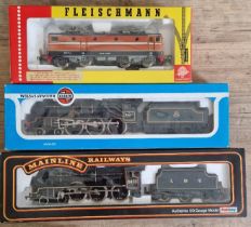 Three boxed 00 gauge locomotives comprising of a Fleischmann 4365, Airfix Royal Scot B.R. Livery