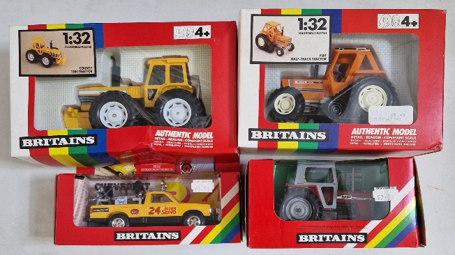 Four Britains diecast models comprising of a 9521 Country 1884 Tractor, a 9523 Fiat Half-Track