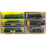 A group of six Hornby Dublo 3 rail engines, three in reproduction boxes