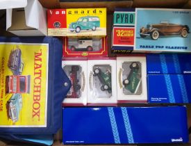 A box of mainly die-cast model vehicles including Matchbox, also including an unbuilt Pyro '32