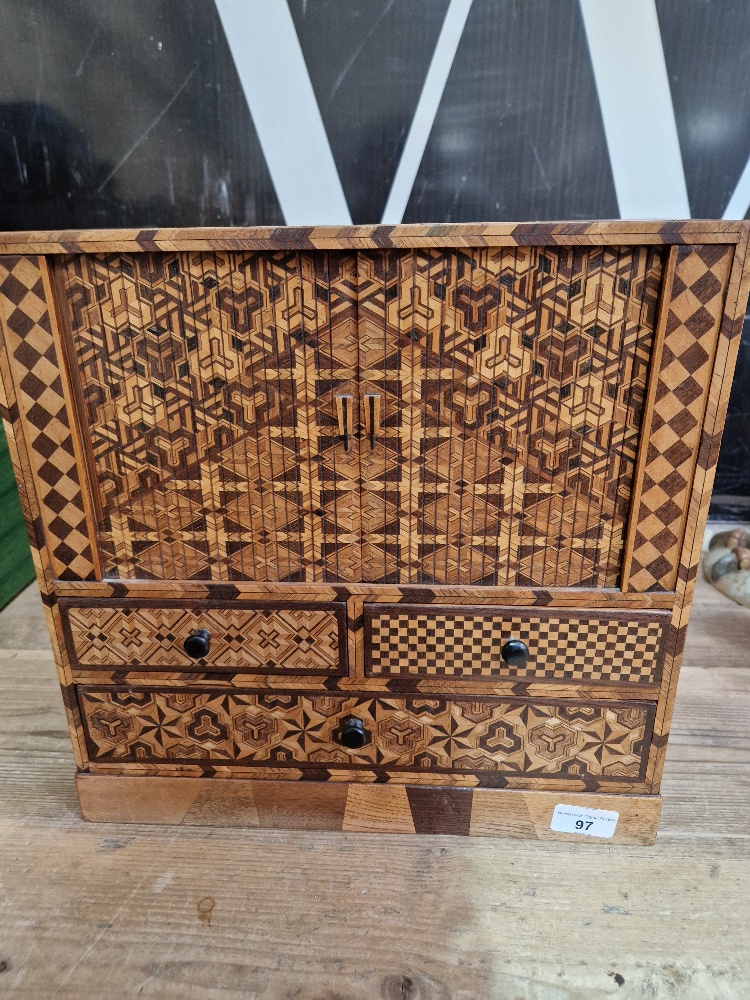 A Japanese parquetry inlaid miniautre cabinet. - Image 4 of 13