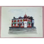 An original working sketch/watercolour from the Peter Kay series 'Phoenix Nights', depicting a pub