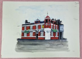 An original working sketch/watercolour from the Peter Kay series 'Phoenix Nights', depicting a pub