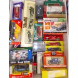 A box of assorted boxed die-cast model vehicles.