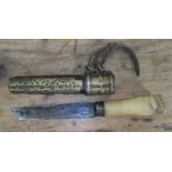 A Chinese horn handled knife with brass mounted wooden sheath and chopstick holder, length 23cm.