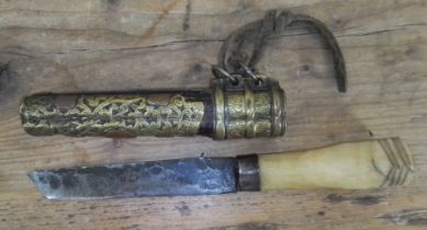 A Chinese horn handled knife with brass mounted wooden sheath and chopstick holder, length 23cm.