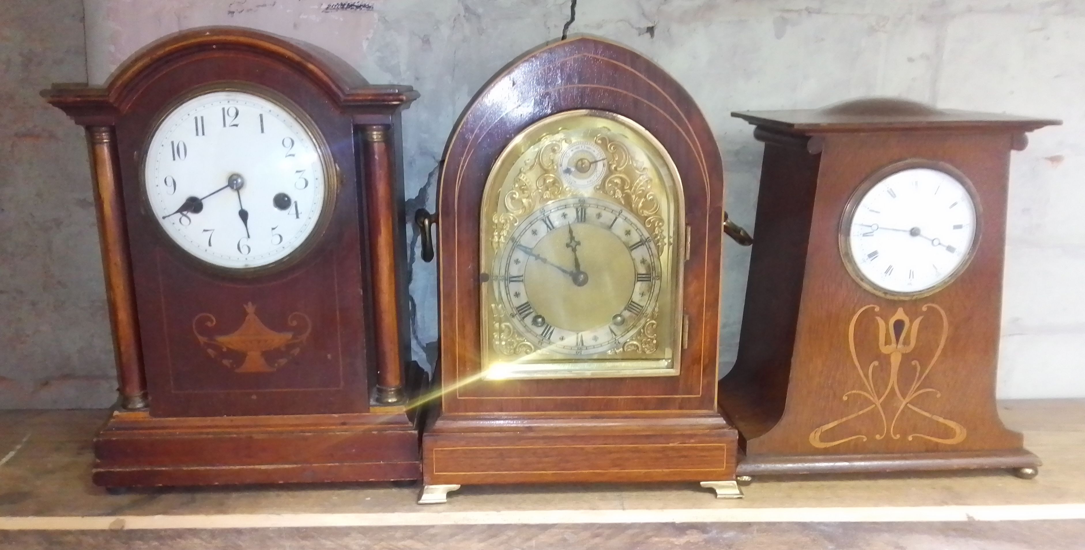 A group of three Edwardian mantle clocks, all as found.