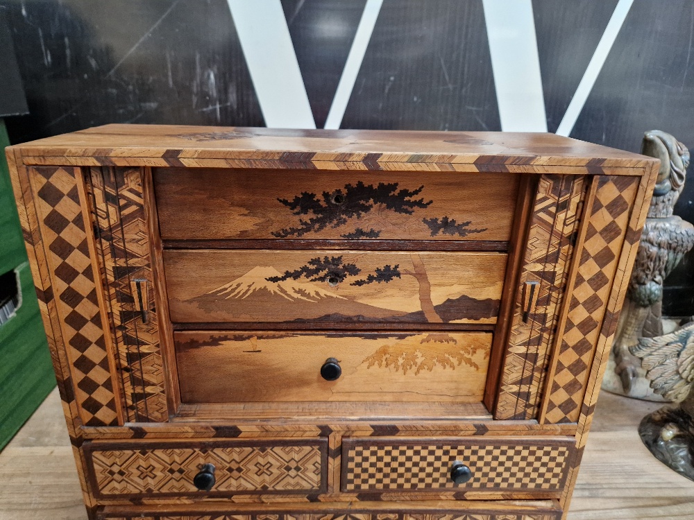 A Japanese parquetry inlaid miniautre cabinet. - Image 5 of 13