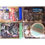 Four boxes of mainly Hornby 00 gauge model railway including engine parts, accessories.