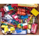 A box of assorted die-cast model vehicles including Triang, Lone Star, Dinky, Matchbox, Corgi.