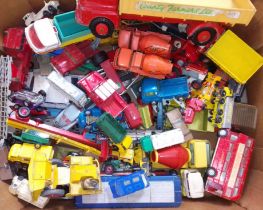 A box of assorted die-cast model vehicles including Triang, Lone Star, Dinky, Matchbox, Corgi.