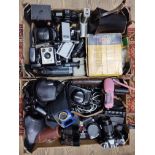 Two boxes of cameras, binoculars and accessories including Canon, Yashica, Olympus & Minolta 35mm