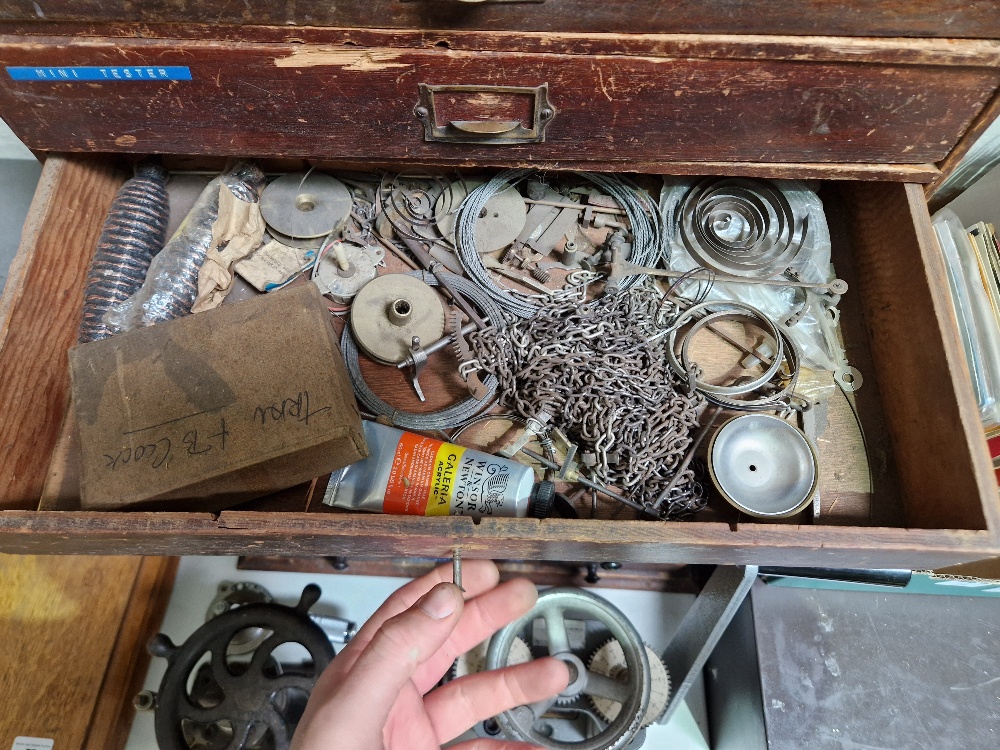 A five drawer horologist's chest and contents comprising watch and clock making spares. - Image 5 of 6