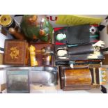 A box of assorted toys and collectables including two Hong Kong coffin money banks, carved wood,