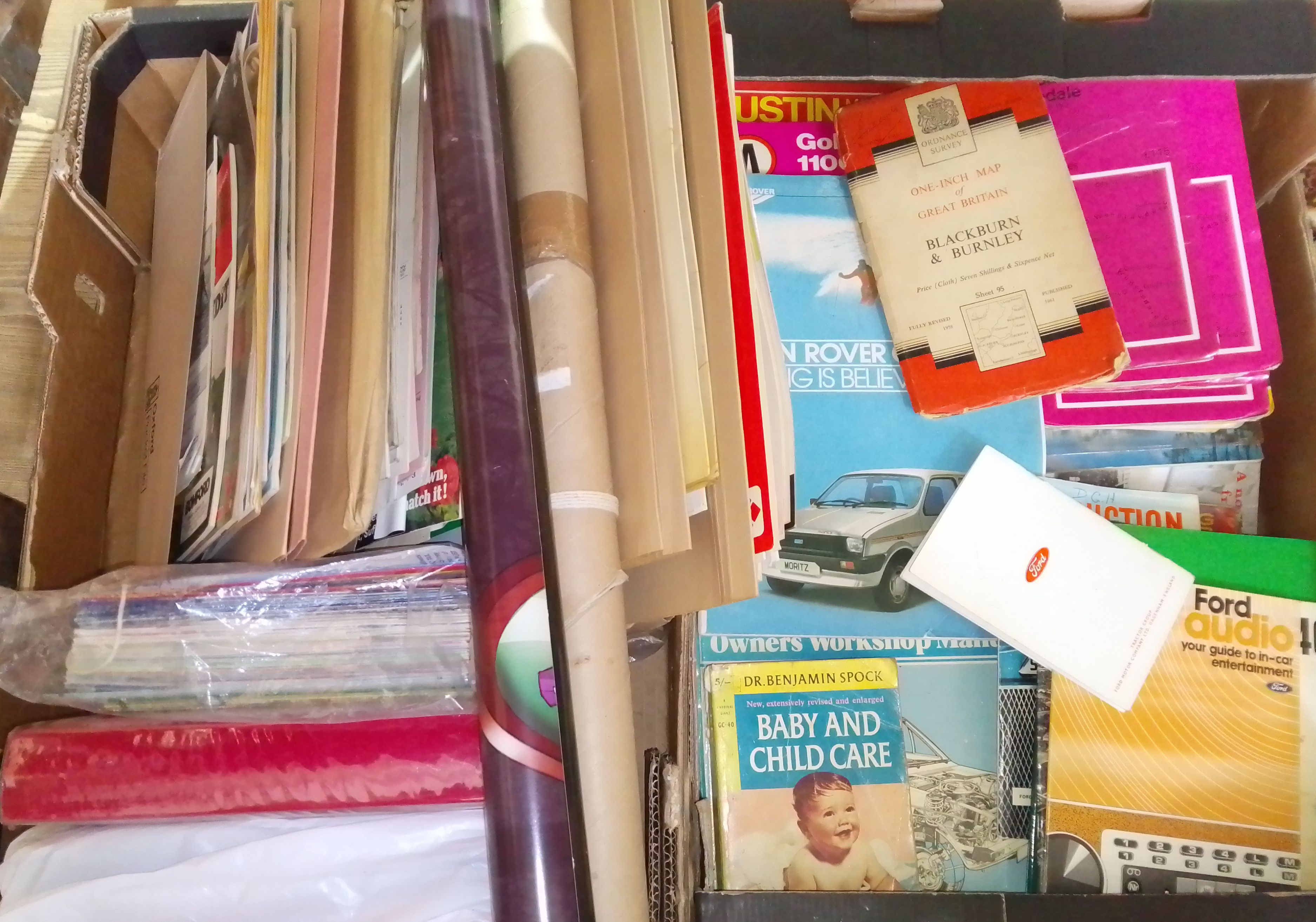 Two boxes of assorted ephemera including motoring, garden machinery, also including a Fighters