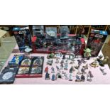 A collection of assorted Star War items to include a mega figurine set, coasters, keyring, Lego...