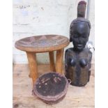 Three African items comprising a large figure H:60cm, a stool H:38cm and a drum.