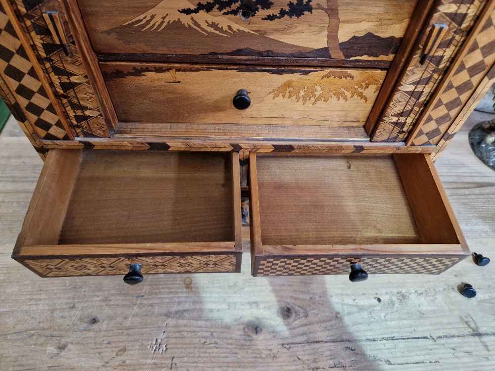 A Japanese parquetry inlaid miniautre cabinet. - Image 10 of 13