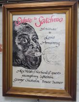 An autographed jazz poster "Salute To Satchmo", glazed and framed, total 55cm x 70cm.