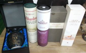 Five bottles of assorted scotch whisky comprising QE2 flagon, Tullibardine Glen Marnoch, Glenknichie