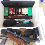 A box of assorted items comprising of 2 sighting scopes (Albar 8x56 no.0100242 & a Hawke sport-hd ir