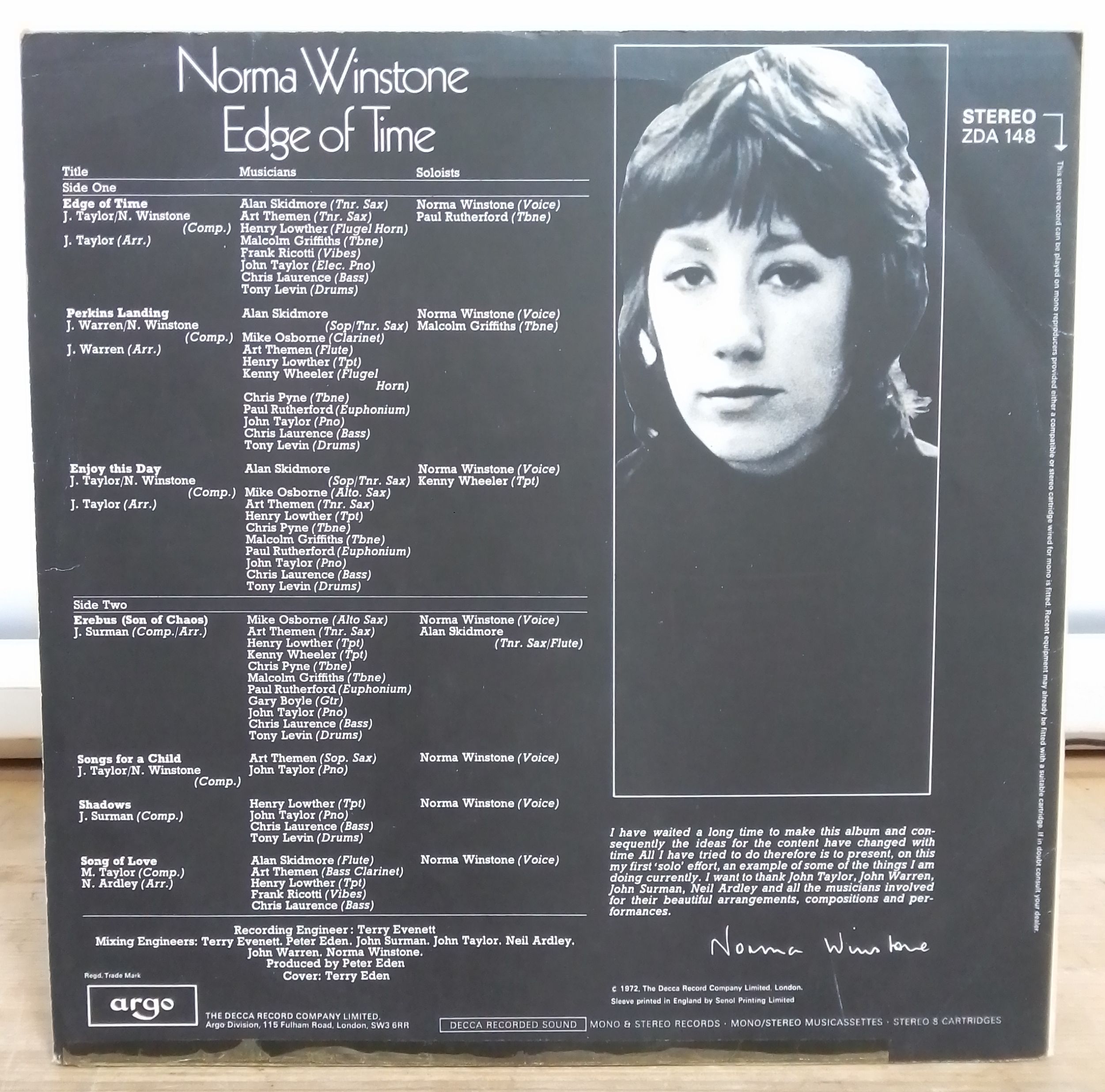 Norma Winstone - Edge of Time, stereo LP, 1st pressing, UK 1972, ZDA 148, ex library copy. - Image 2 of 4