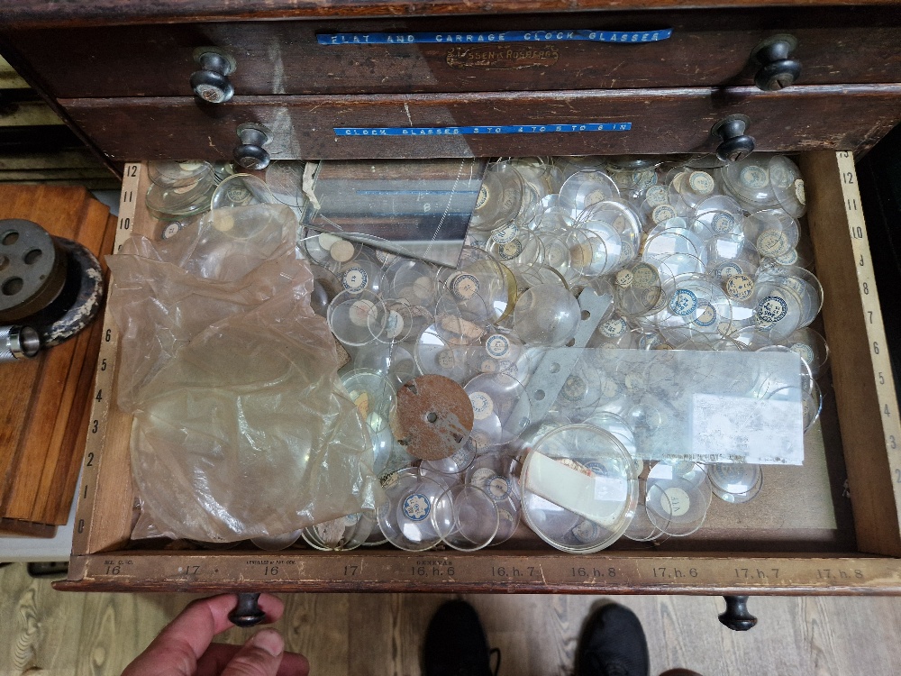 A horologist's five drawer chest and contents comprising watch and clock making spares. - Image 5 of 6