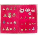 A collection of 31 military cap badges and buttons.