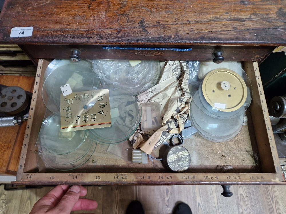 A horologist's five drawer chest and contents comprising watch and clock making spares. - Image 4 of 6