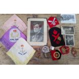 A group of assorted military badges, Royal Navy hankerchiefs & photos etc.