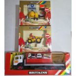Three Britains diecast models comprising of a 9582 Flatbed Transporter, a 9943 Winget Cement Mixer &
