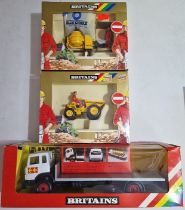 Three Britains diecast models comprising of a 9582 Flatbed Transporter, a 9943 Winget Cement Mixer &