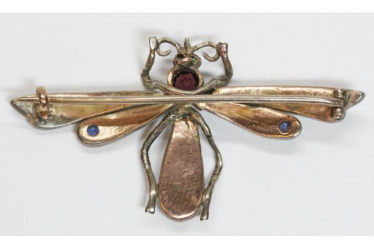 An antique multi-gem set dragonfly brooch, diamond chips and sapphires to wings, green stone eyes ( - Image 2 of 2