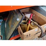 A box of assorted items including a print, a walking stick, a clock, metal ware and stone ware etc.