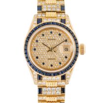 A LADY'S FINE & RARE 18K SOLID GOLD, DIAMOND & SAPPHIRE ROLEX OYSTER PERPETUAL DATEJUST BRACELET