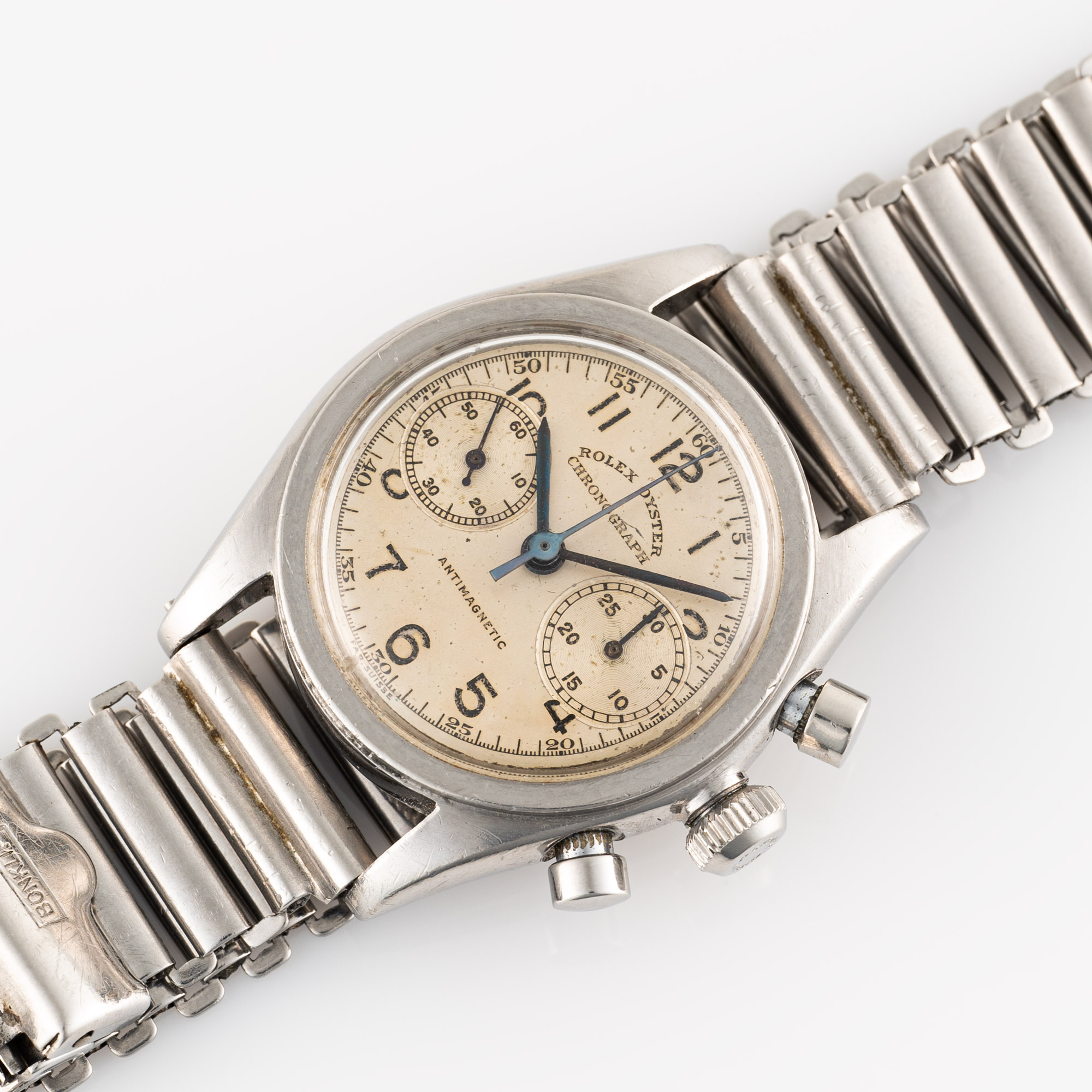 A VERY RARE GENTLEMAN'S SMALL SIZE STAINLESS STEEL ROLEX OYSTER CHRONOGRAPH WRIST WATCH CIRCA 1940s, - Image 3 of 9