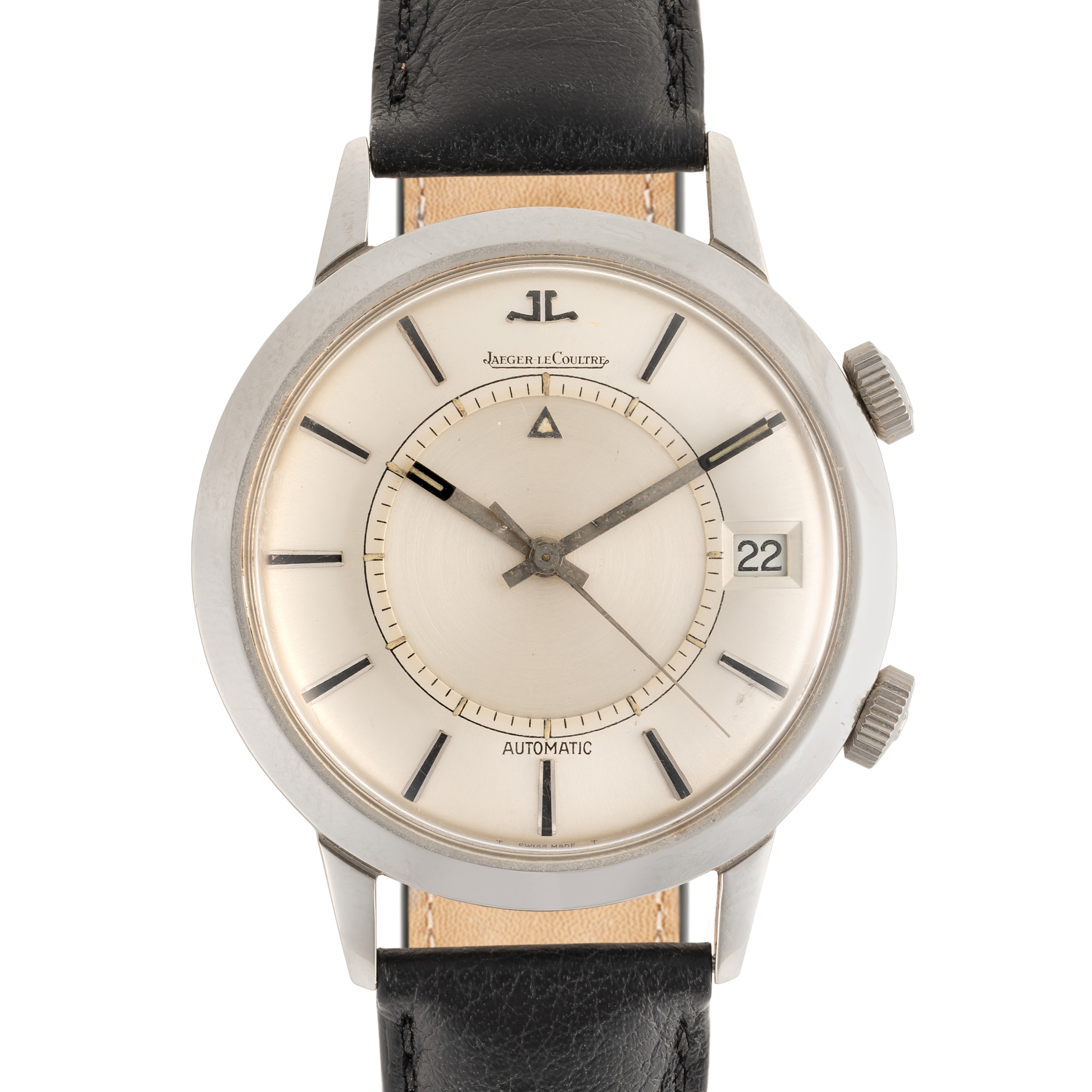 A GENTLEMAN'S SIZE STAINLESS STEEL JAEGER LECOULTRE MEMOVOX AUTOMATIC ALARM WRIST WATCH CIRCA 1960s,