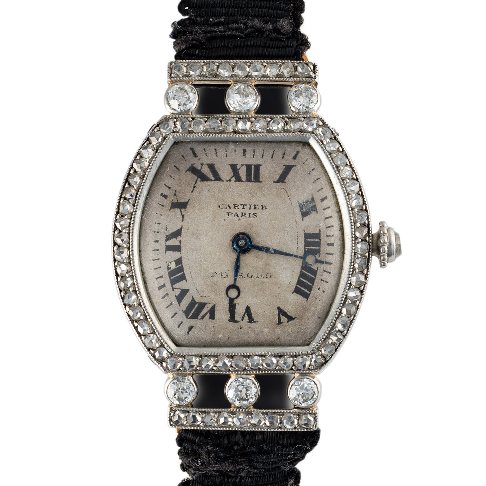 A LADY'S FINE PLATINUM & 18K SOLID GOLD DIAMOND CARTIER TORTUE WRIST WATCH CIRCA 1920s Movement: