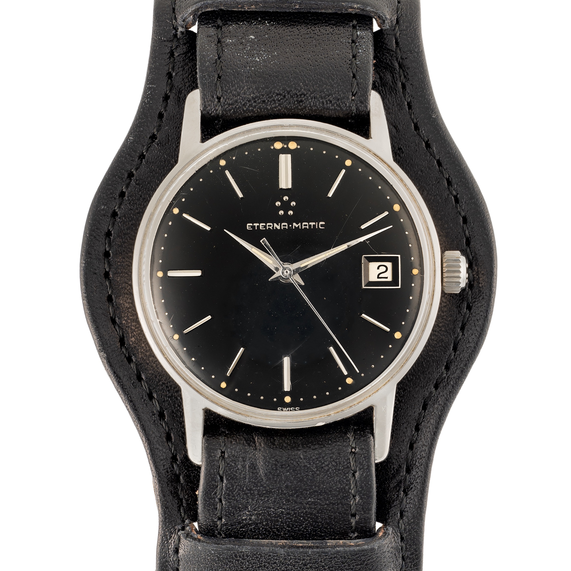 A GENTLEMAN'S SIZE STAINLESS STEEL ETERNA MATIC WRIST WATCH CIRCA 1960s WITH GLOSS BLACK GILT DIAL