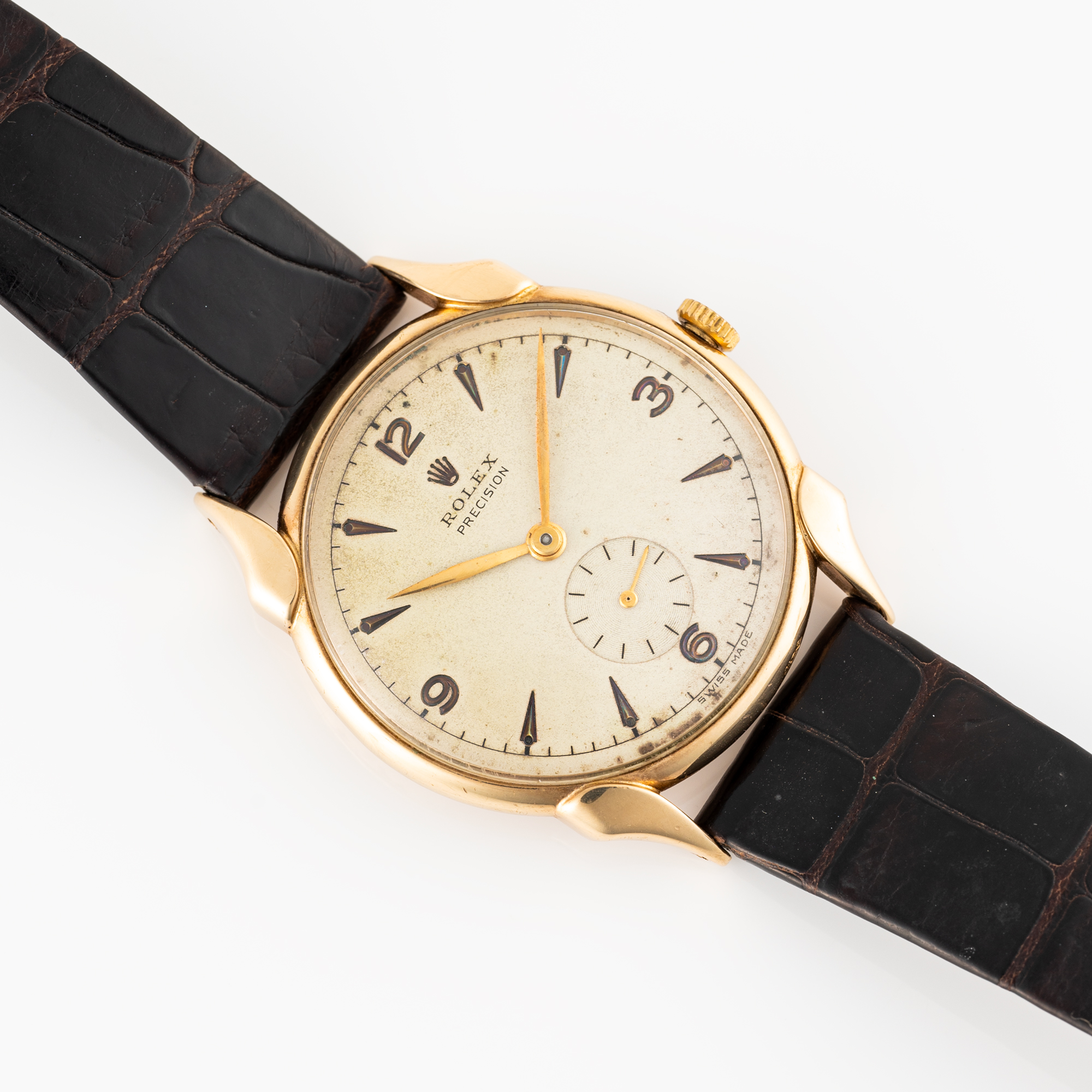 A RARE GENTLEMAN'S SIZE 9CT SOLID GOLD ROLEX PRECISION WRIST WATCH CIRCA 1950s, WITH SCALLOPED - Image 3 of 9