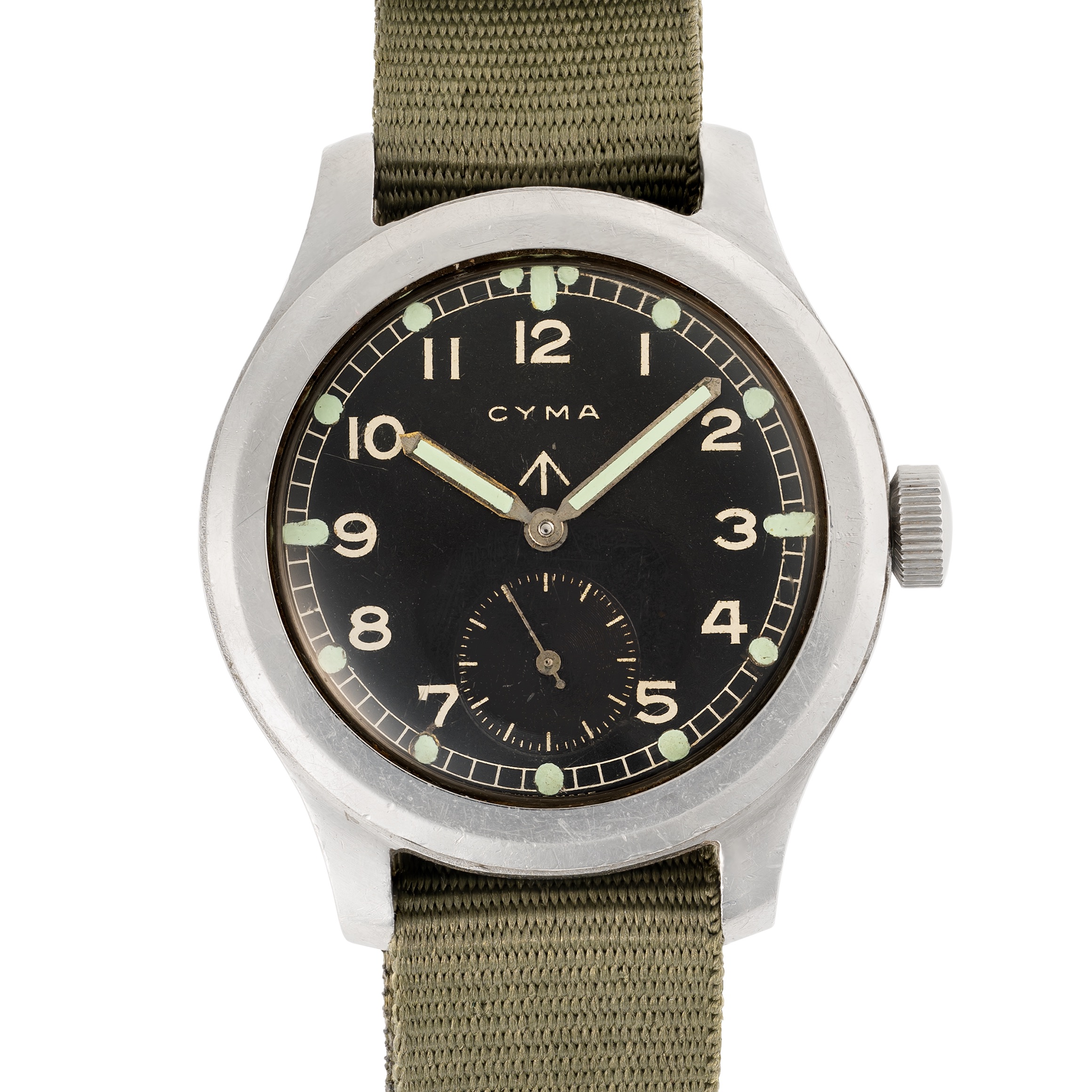 A GENTLEMAN'S STAINLESS STEEL BRITISH MILITARY CYMA W.W.W. WRIST WATCH CIRCA 1945, PART OF THE "