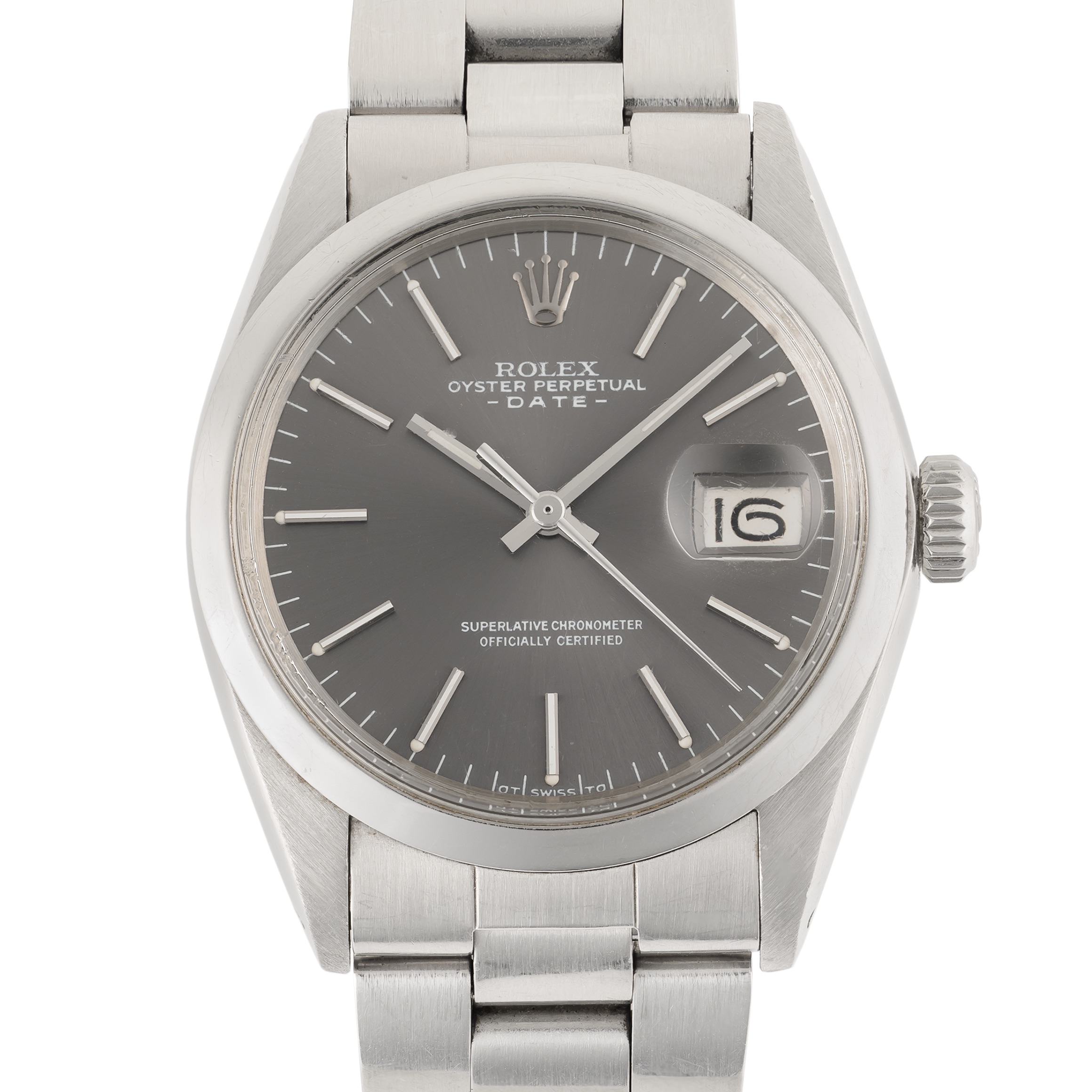 A GENTLEMAN'S SIZE STAINLESS STEEL ROLEX OYSTER PERPETUAL DATE WRIST WATCH CIRCA 1972, REF. 1500