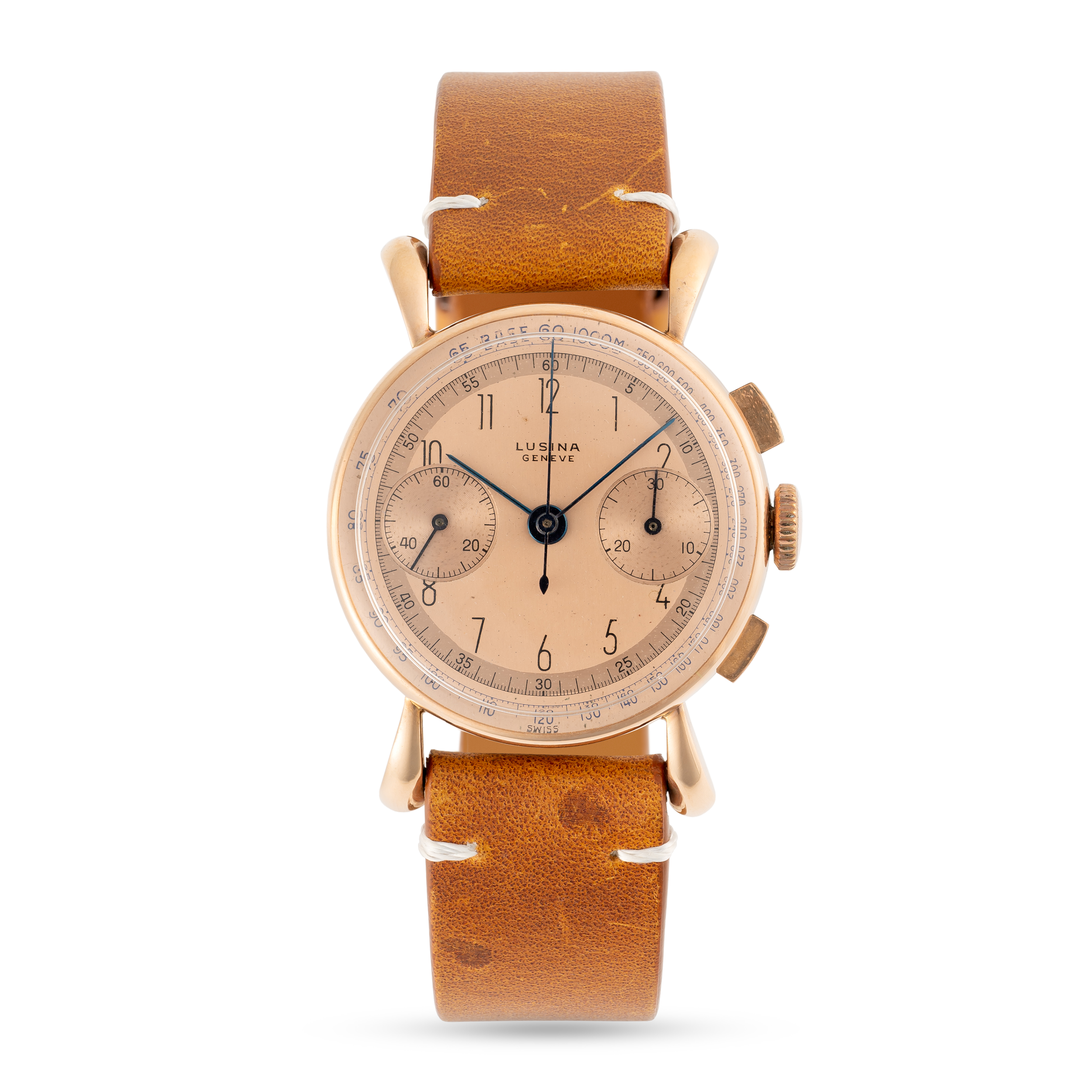 A RARE GENTLEMAN'S SIZE 18K SOLID PINK GOLD LUSINA CHRONOGRAPH WRIST WATCH CIRCA 1940s Movement: - Image 2 of 8