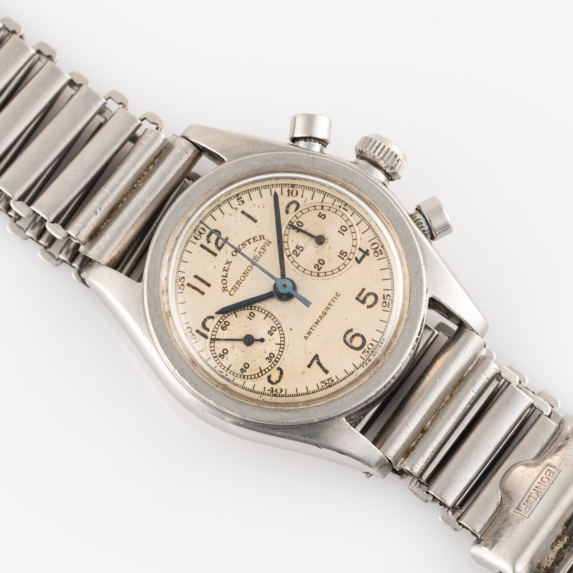 A VERY RARE GENTLEMAN'S SMALL SIZE STAINLESS STEEL ROLEX OYSTER CHRONOGRAPH WRIST WATCH CIRCA 1940s, - Image 4 of 9