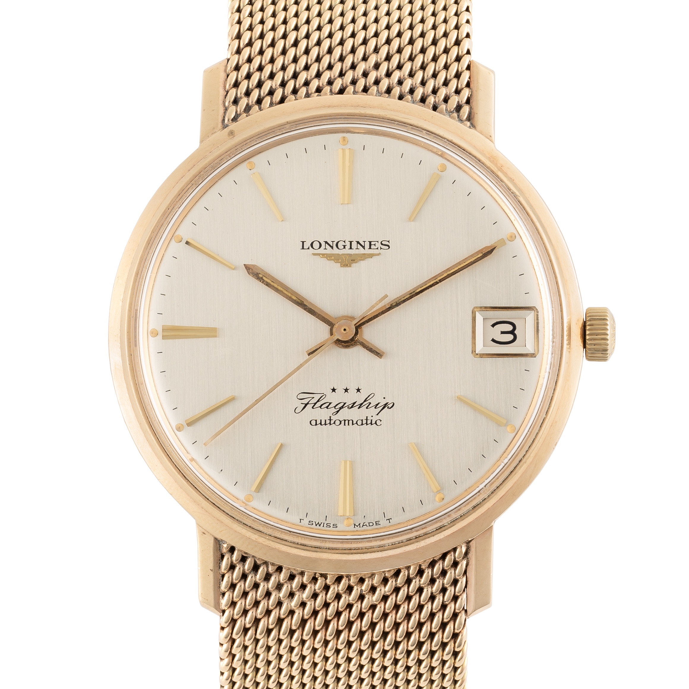 A GENTLEMAN'S SIZE 9CT SOLID GOLD LONGINES FLAGSHIP AUTOMATIC CALENDAR BRACELET WATCH CIRCA 1966,