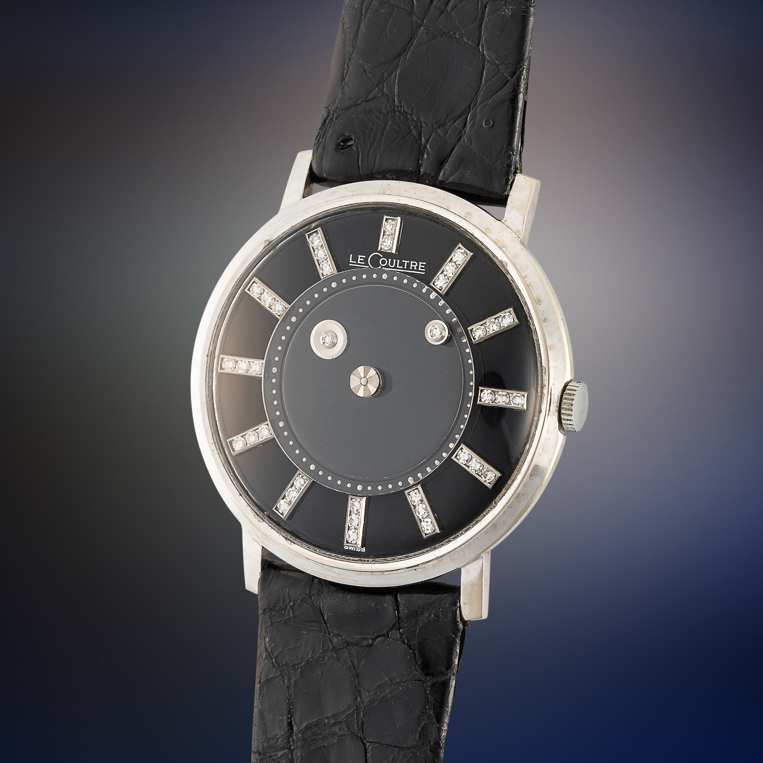 A GENTLEMAN'S SIZE 14K WHITE GOLD & DIAMOND LECOULTRE GALAXY MYSTERY WRIST WATCH CIRCA 1960, WITH