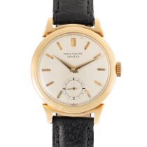 A GENTLEMAN'S SIZE 18K SOLID YELLOW GOLD PATEK PHILIPPE WRIST WATCH CIRCA 1950s, REF. 1491 CASE WITH