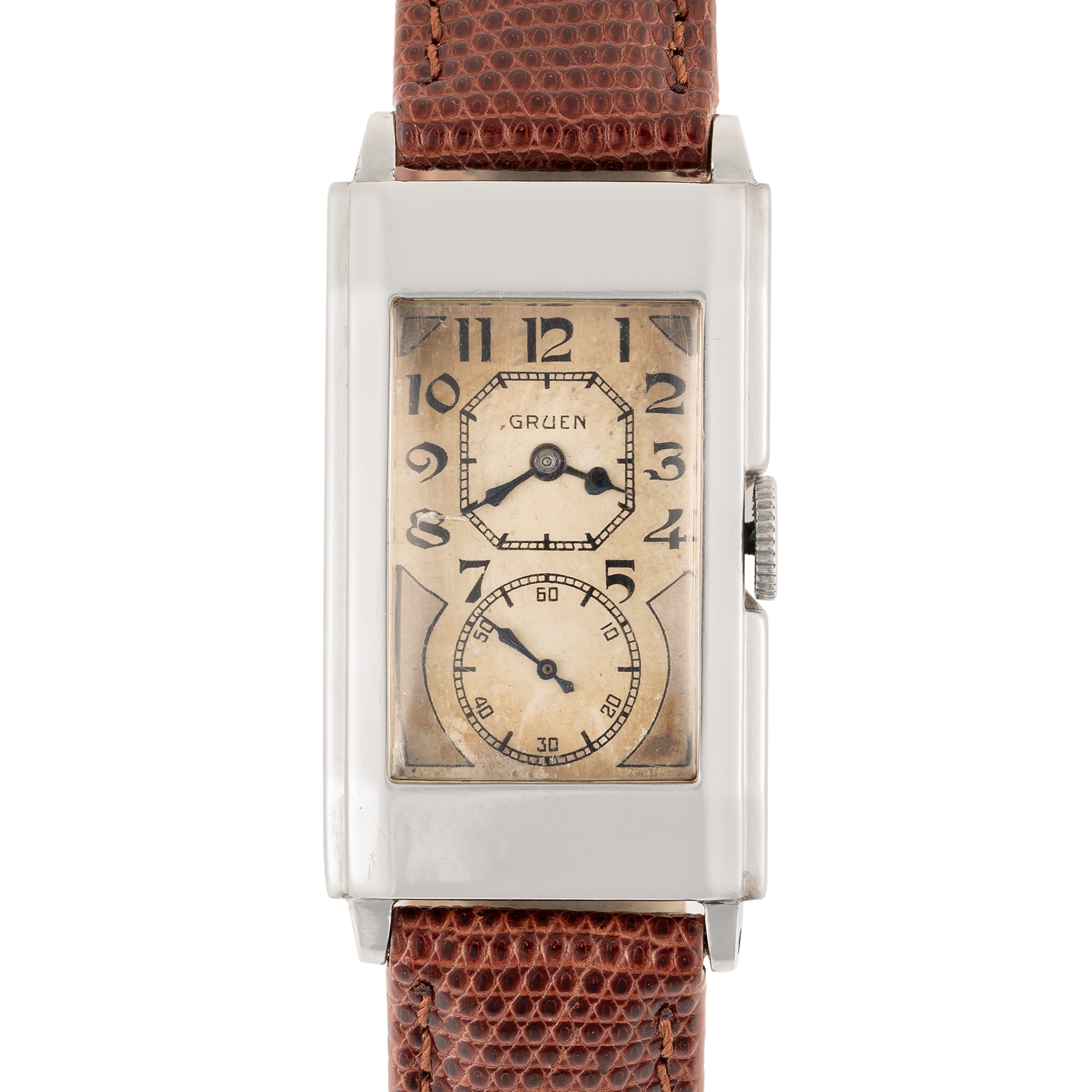 A GENTLEMAN'S SIZE GRUEN PRINCE DUO DIAL WRIST WATCH CIRCA 1930s Movement: 15J, manual wind,