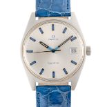 A GENTLEMAN'S SIZE STAINLESS STEEL OMEGA GENEVE WRIST WATCH CIRCA 1969, REF. 136.041 WITH BLUE